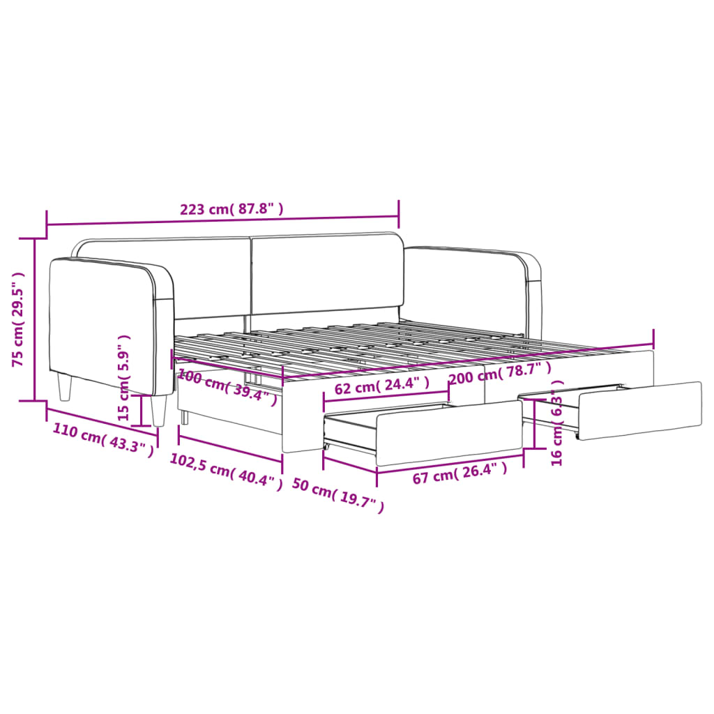 vidaXL Pat de zi cu extensie și sertare, gri deschis 100x200 cm textil