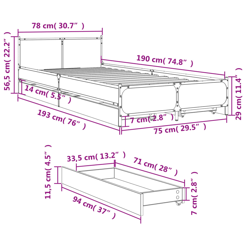 vidaXL Cadru de pat cu sertare, negru, 75x190 cm, lemn prelucrat