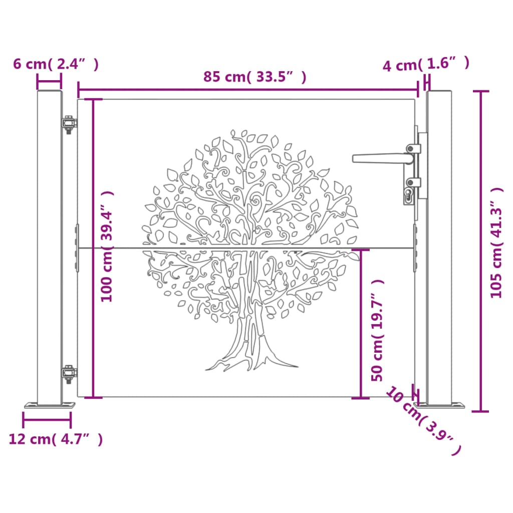 vidaXL Poartă pentru grădină, 105x105 cm, oțel corten, model copac