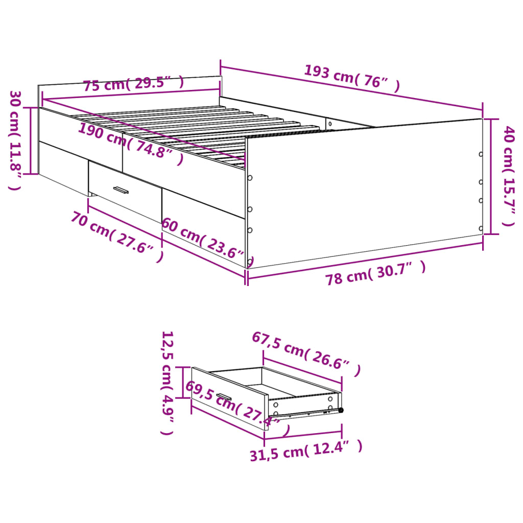 vidaXL Cadru de pat cu sertare stejar sonoma 75x190 cm lemn prelucrat