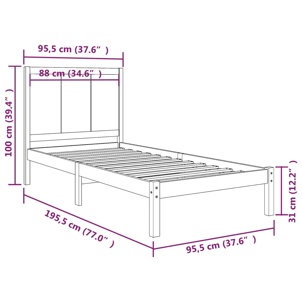 vidaXL Cadru de pat single, negru, 90x190 cm, lemn masiv de pin