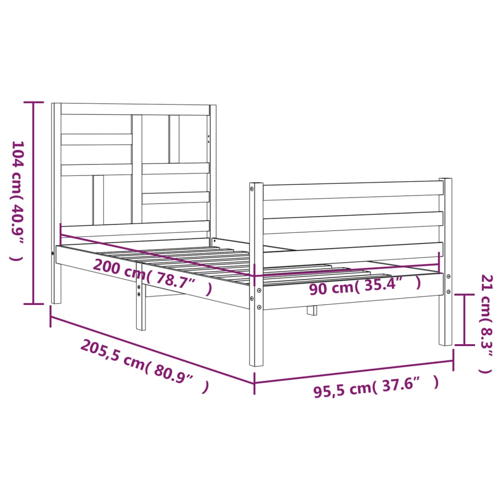 vidaXL Cadru de pat cu tăblie, 90x200 cm, lemn masiv