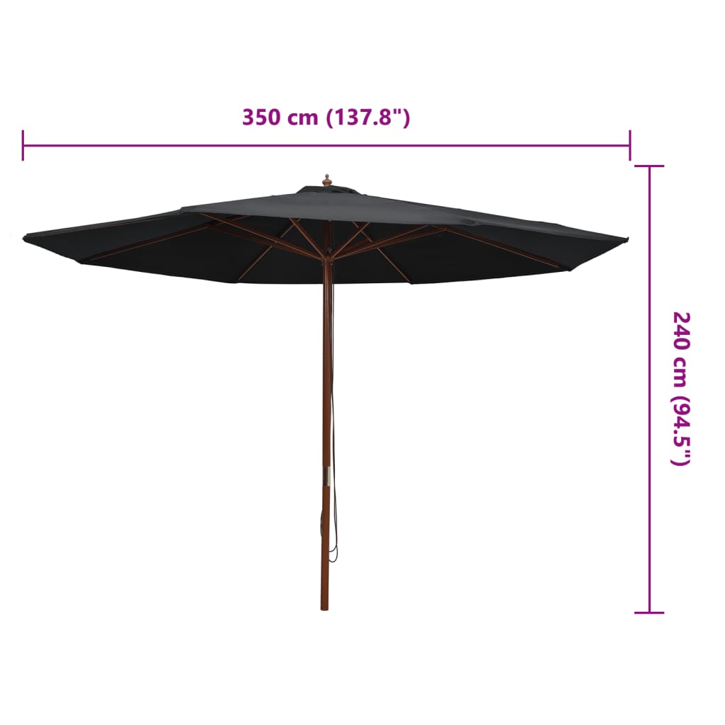 vidaXL Umbrelă de soare de exterior, stâlp din lemn, negru, 350 cm