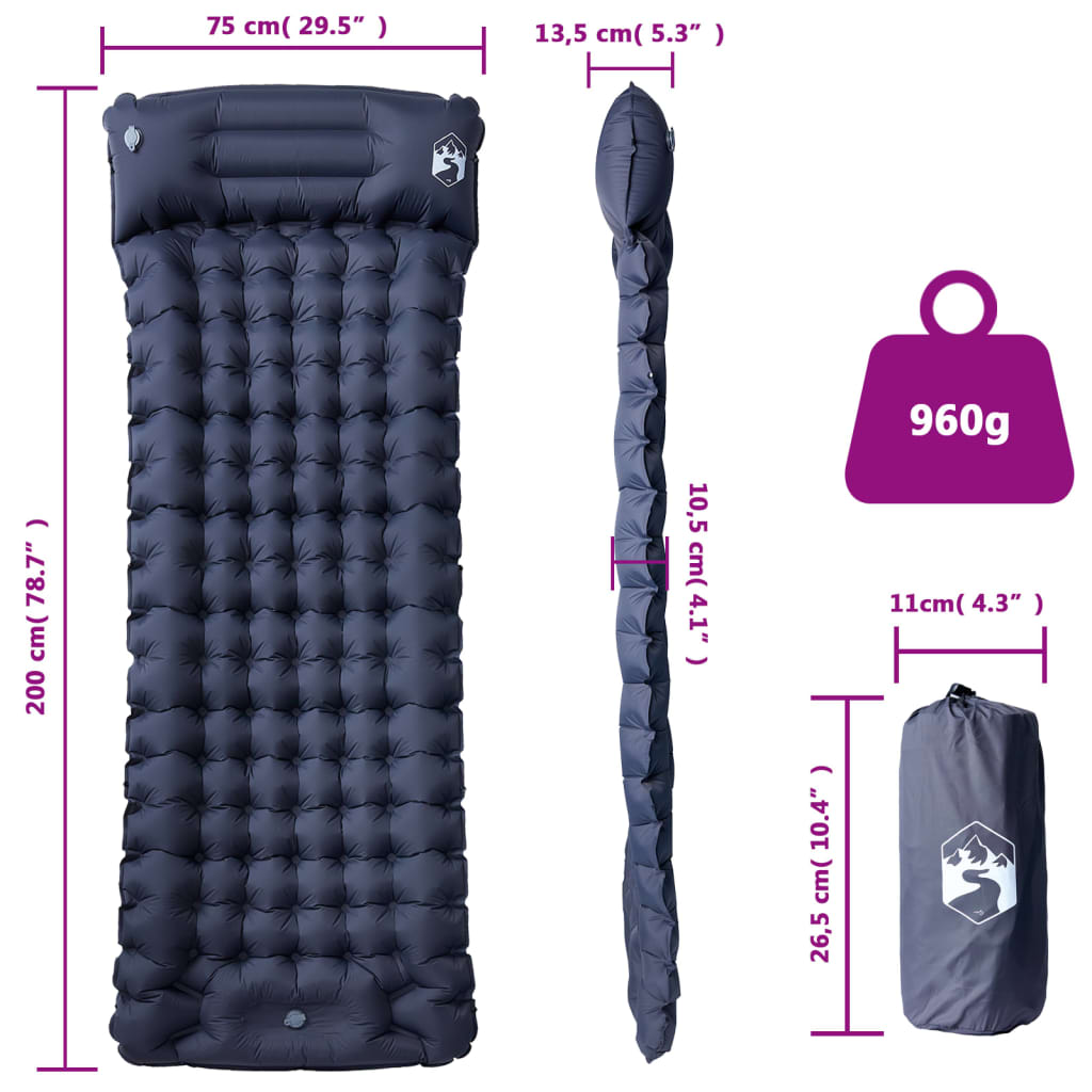 vidaXL Saltea de camping auto-gonflabilă, cu pernă, 1 persoană, gri