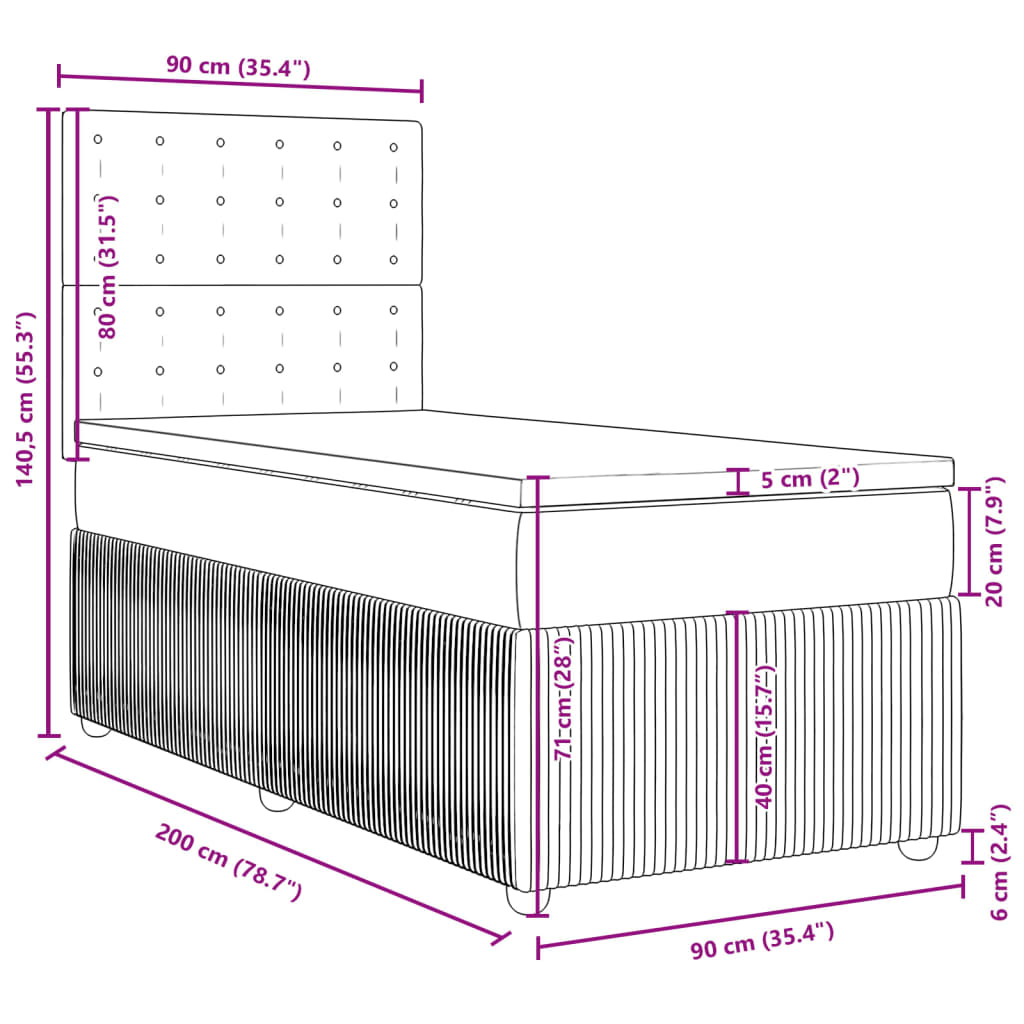 vidaXL Pat box spring cu saltea, gri deschis, 90x200 cm, textil