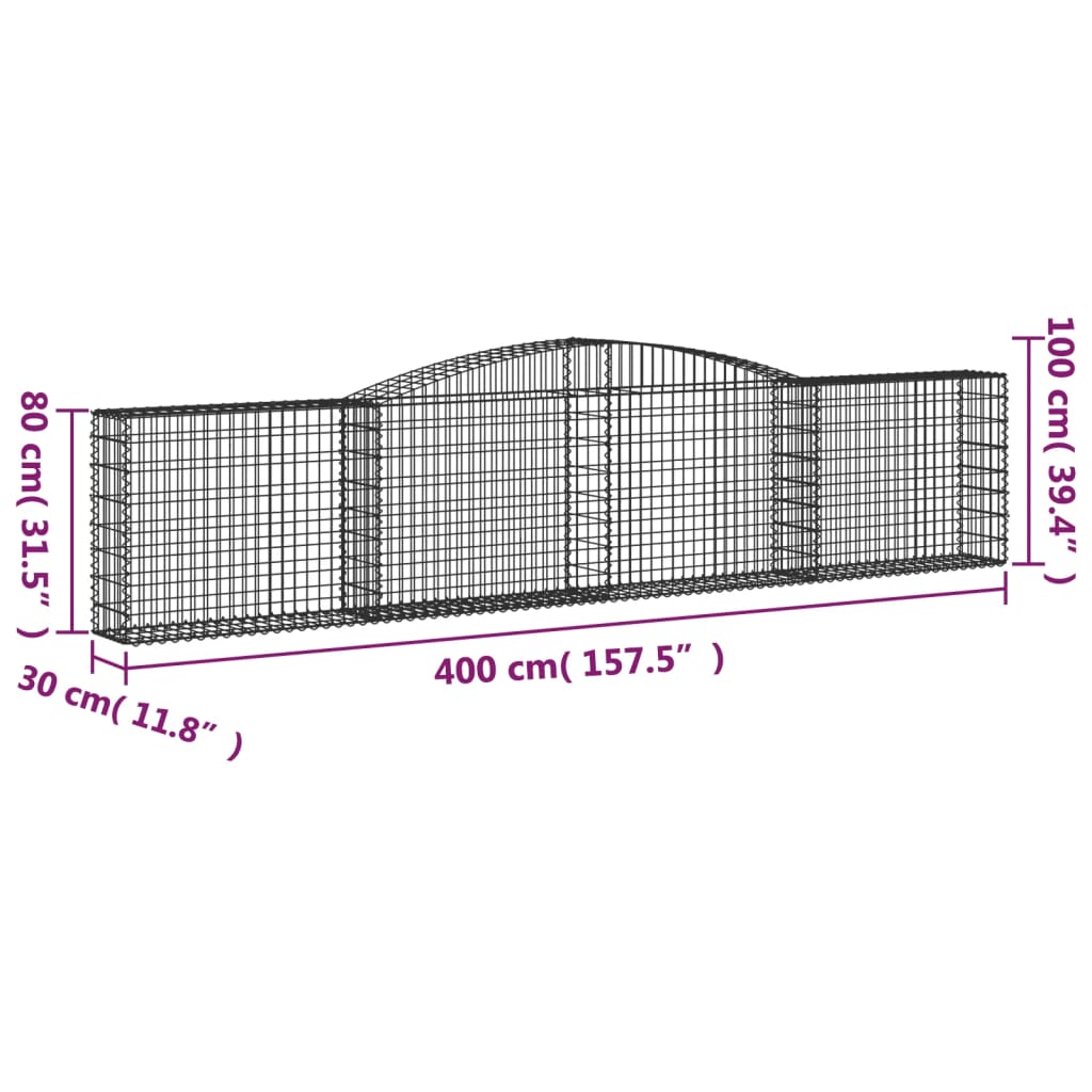 vidaXL Coșuri gabion arcuite 10 buc, 400x30x80/100 cm, fier galvanizat