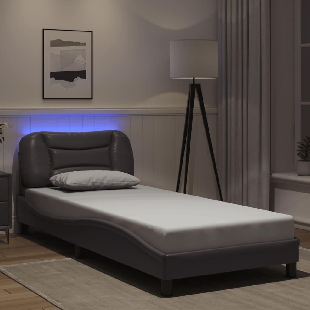 vidaXL Cadru de pat cu lumini LED, gri, 90x190 cm, piele ecologică