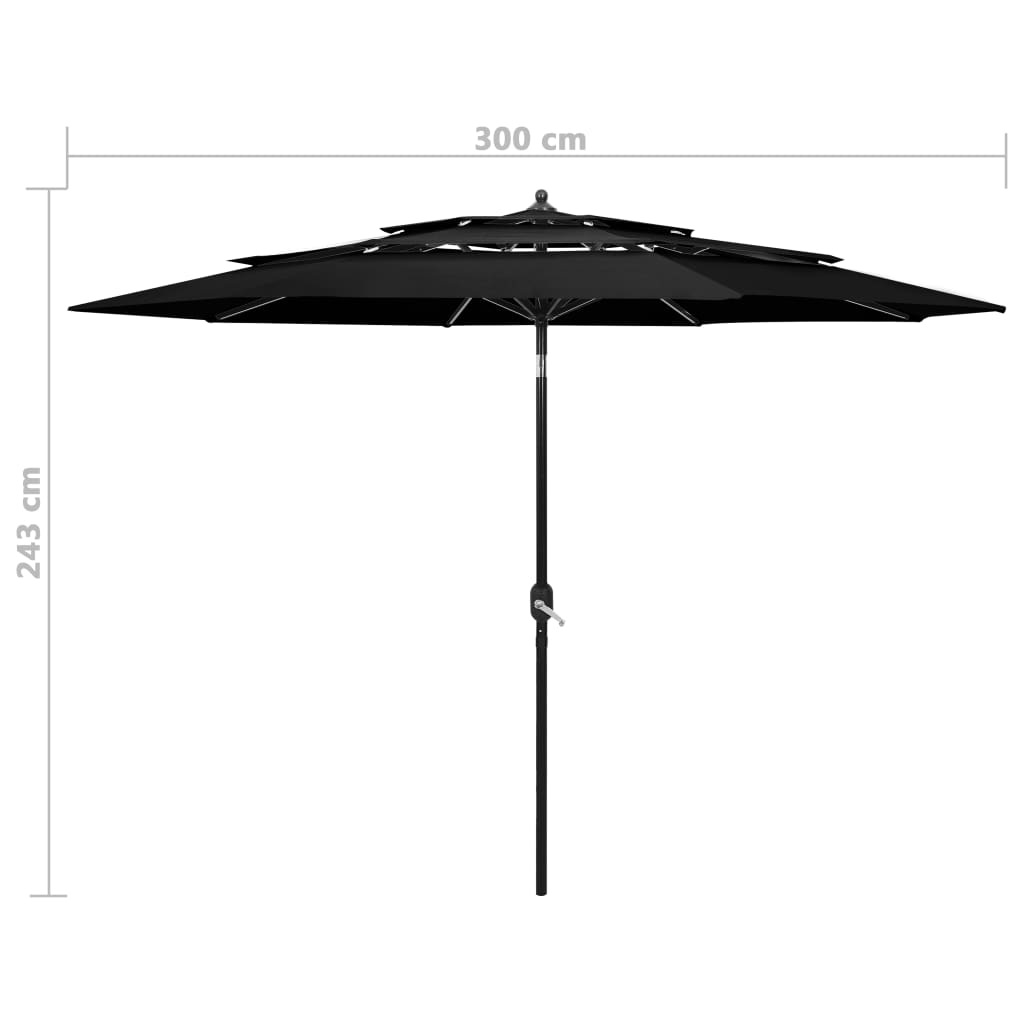 vidaXL Umbrelă de soare 3 niveluri, stâlp de aluminiu, negru, 3 m