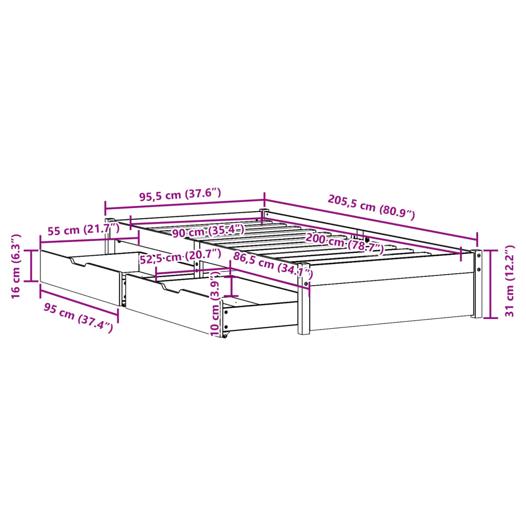 vidaXL Cadru de pat fără saltea, alb, 90x200 cm, lemn masiv pin