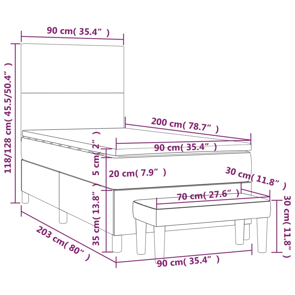 vidaXL Pat box spring cu saltea, alb, 90x200 cm, piele ecologică