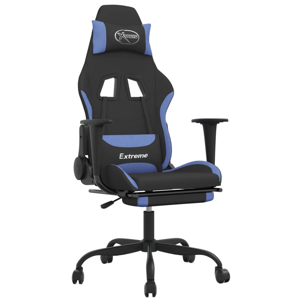 vidaXL Scaun de gaming cu masaj/suport picioare, negru/albastru textil