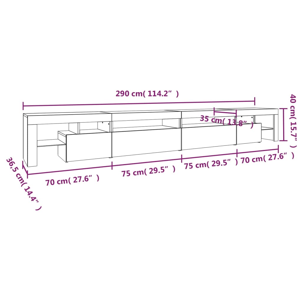 vidaXL Comodă TV cu lumini LED, alb extralucios, 290x36,5x40 cm