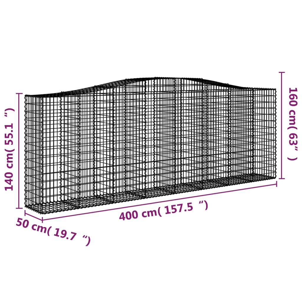 vidaXL Coșuri gabion arcuite 15 buc, 400x50x140/160cm, fier galvanizat