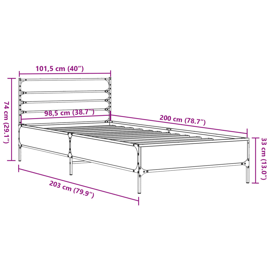 vidaXL Cadru de pat, stejar fumuriu 100x200 cm lemn prelucrat și metal