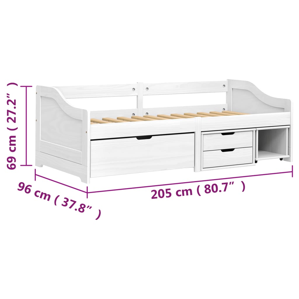 vidaXL Pat de zi cu 3 sertare "IRUN", alb, 90x200 cm, lemn masiv pin