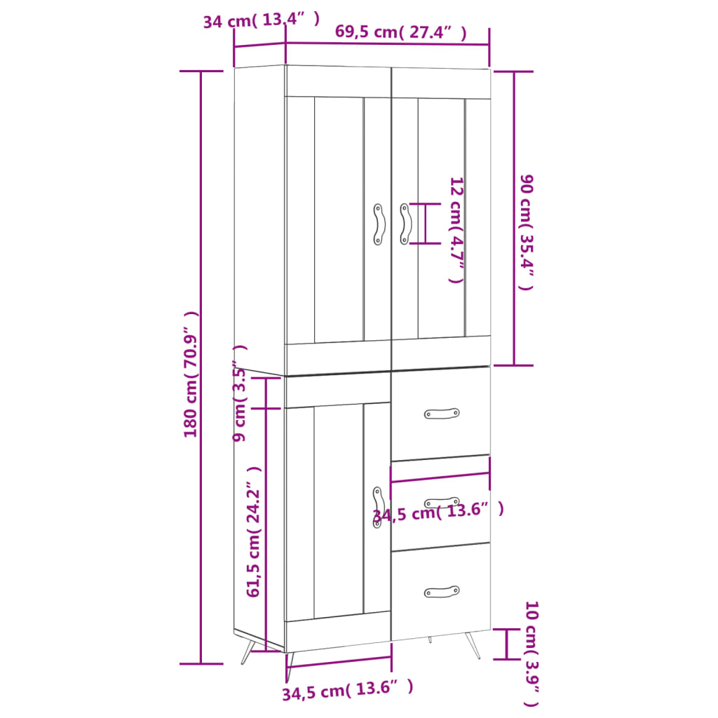 vidaXL Dulap înalt, alb, 69,5x34x180 cm, lemn compozit