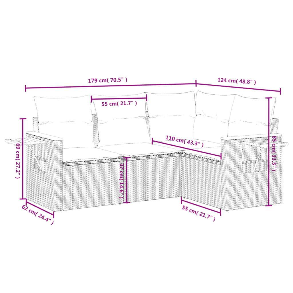 vidaXL Set mobilier de grădină cu perne, 4 piese, negru, poliratan