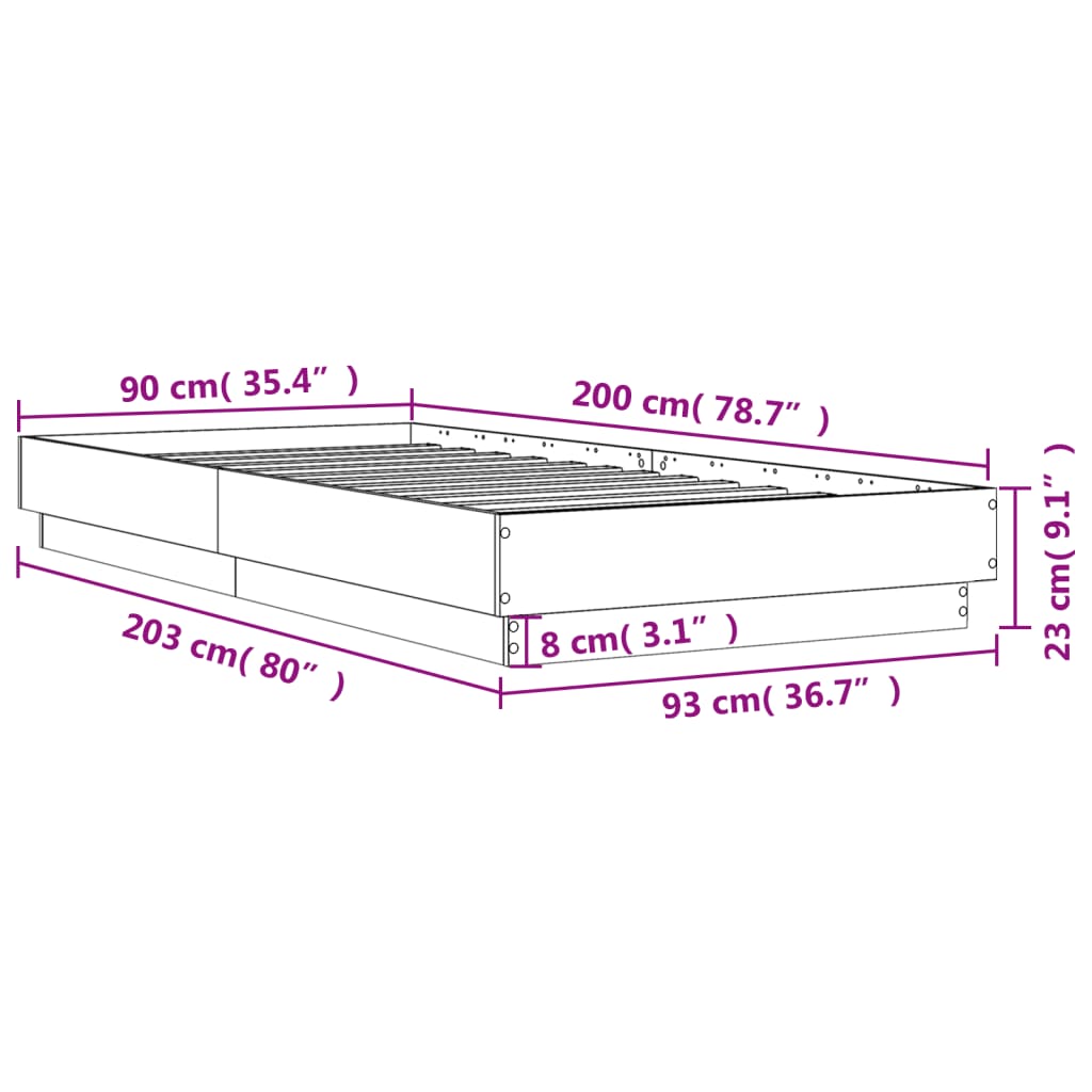 vidaXL Cadru de pat cu lumini LED, gri beton, 90x200 cm