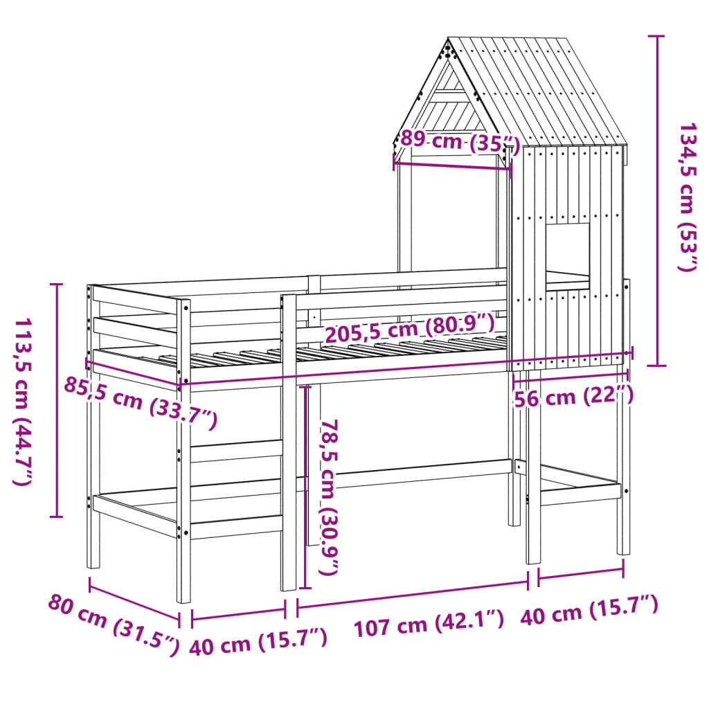 vidaXL Pat etajat cu scară și acoperiș, alb, 80x200 cm, lemn masiv pin