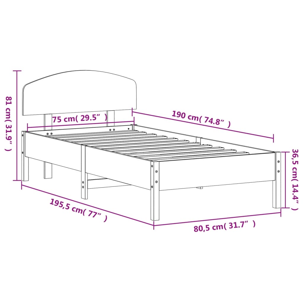 vidaXL Cadru de pat fără saltea, alb, 75x190 cm, lemn masiv de pin