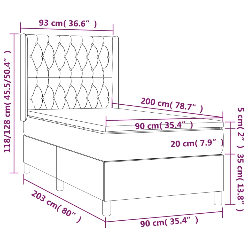 vidaXL Pat box spring cu saltea, gri deschis, 90x200 cm, textil