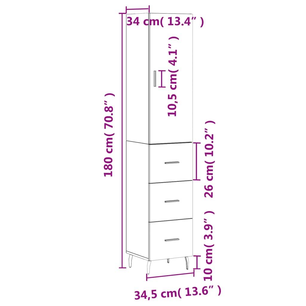 vidaXL Dulap înalt, gri beton, 34,5x34x180 cm, lemn prelucrat