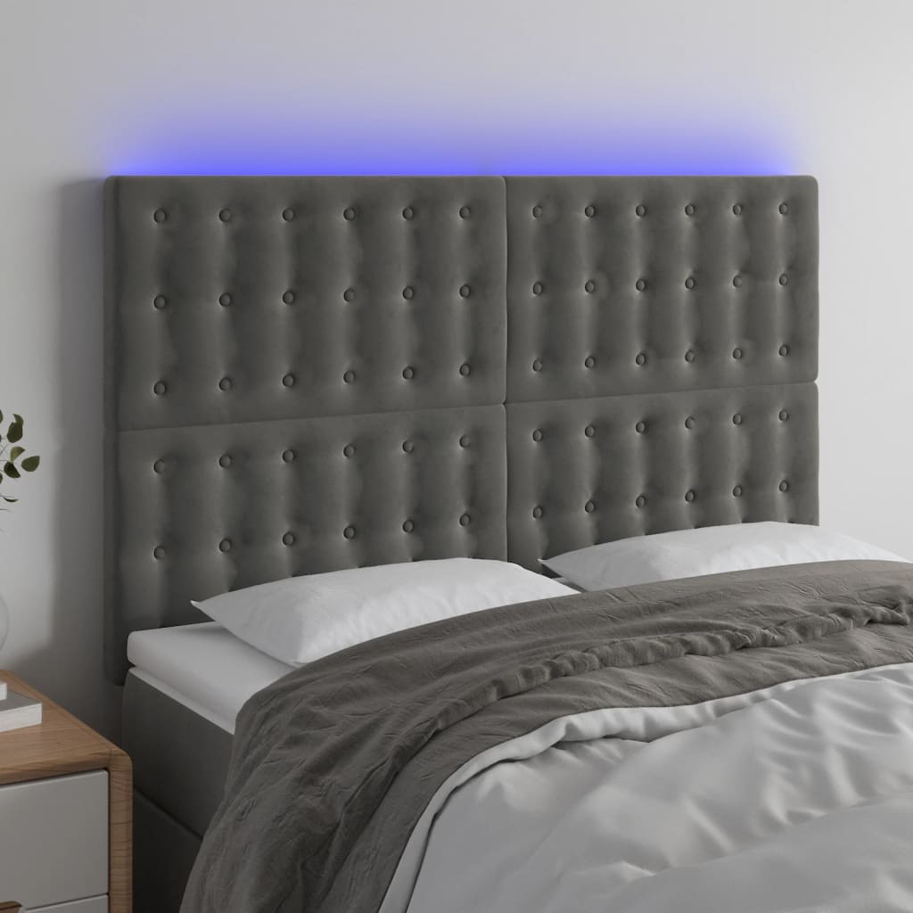 vidaXL Tăblie de pat cu LED, gri închis, 144x5x118/128 cm, catifea