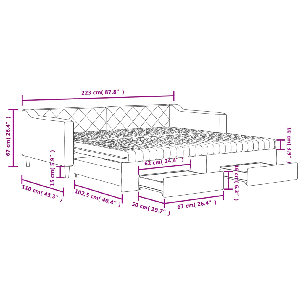 vidaXL Pat de zi cu extensie și sertare, gri deschis 100x200 cm textil