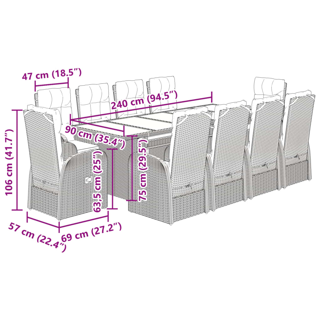 vidaXL Set mobilier de grădină cu perne, 9 piese, negru, poliratan