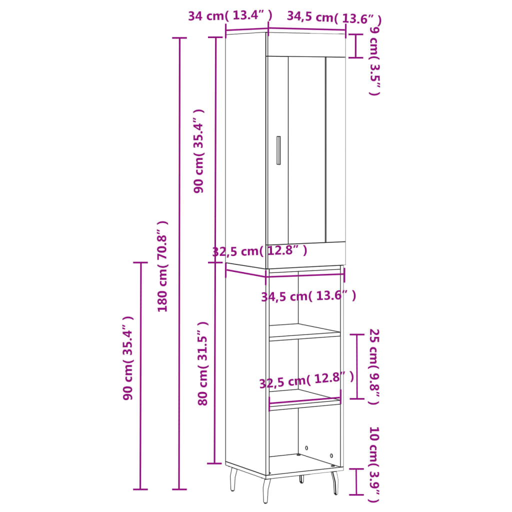 vidaXL Dulap înalt, alb, 34,5x34x180 cm, lemn prelucrat