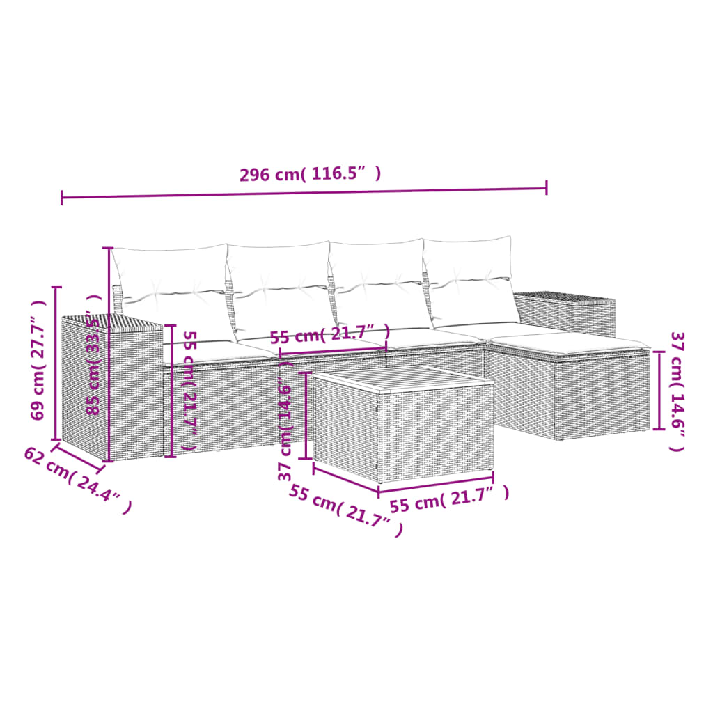 vidaXL Set mobilier de grădină cu perne, 6 piese, negru, poliratan