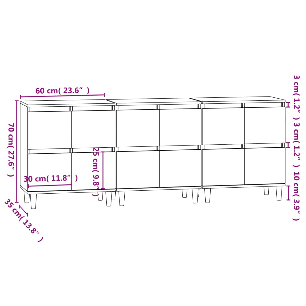 vidaXL Dulapuri, 3 buc, alb extralucios, 60x35x70 cm, lemn prelucrat