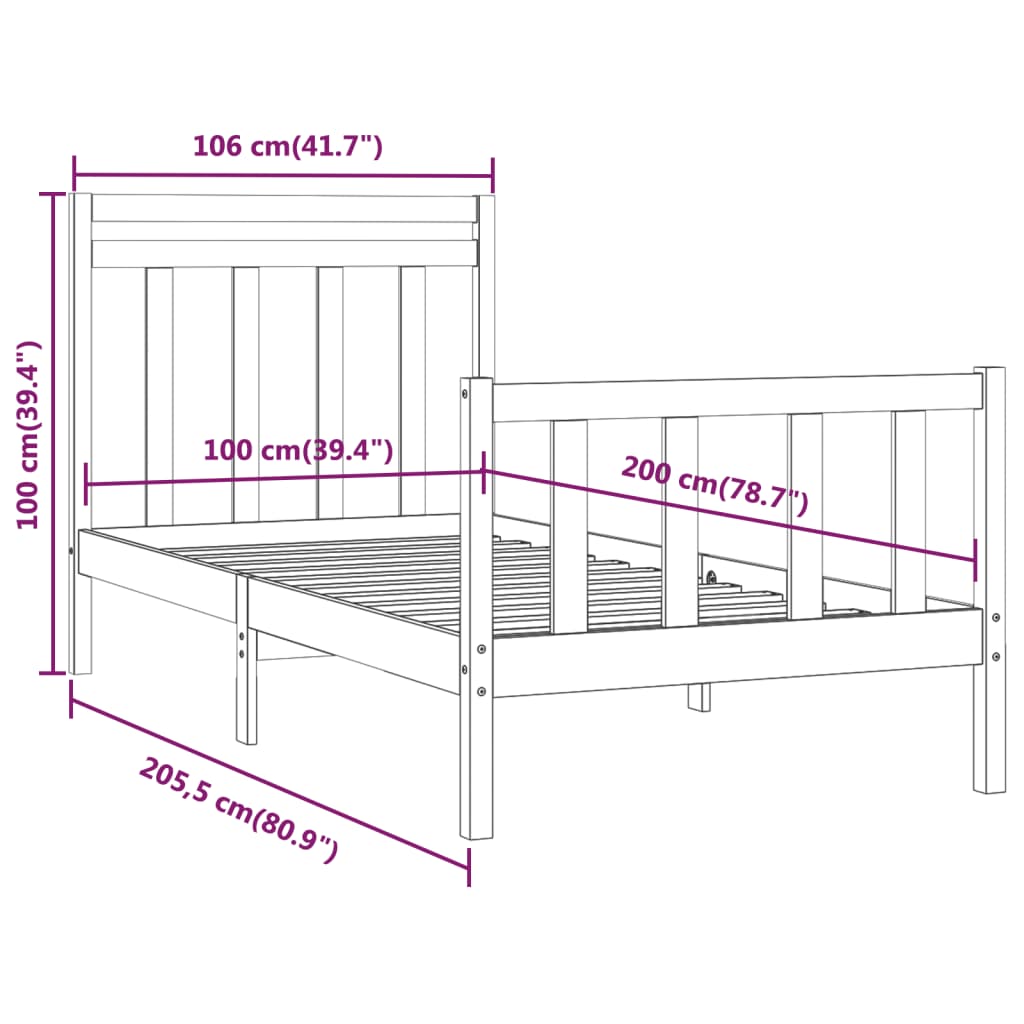 vidaXL Cadru de pat, alb, 100x200 cm, lemn masiv de pin