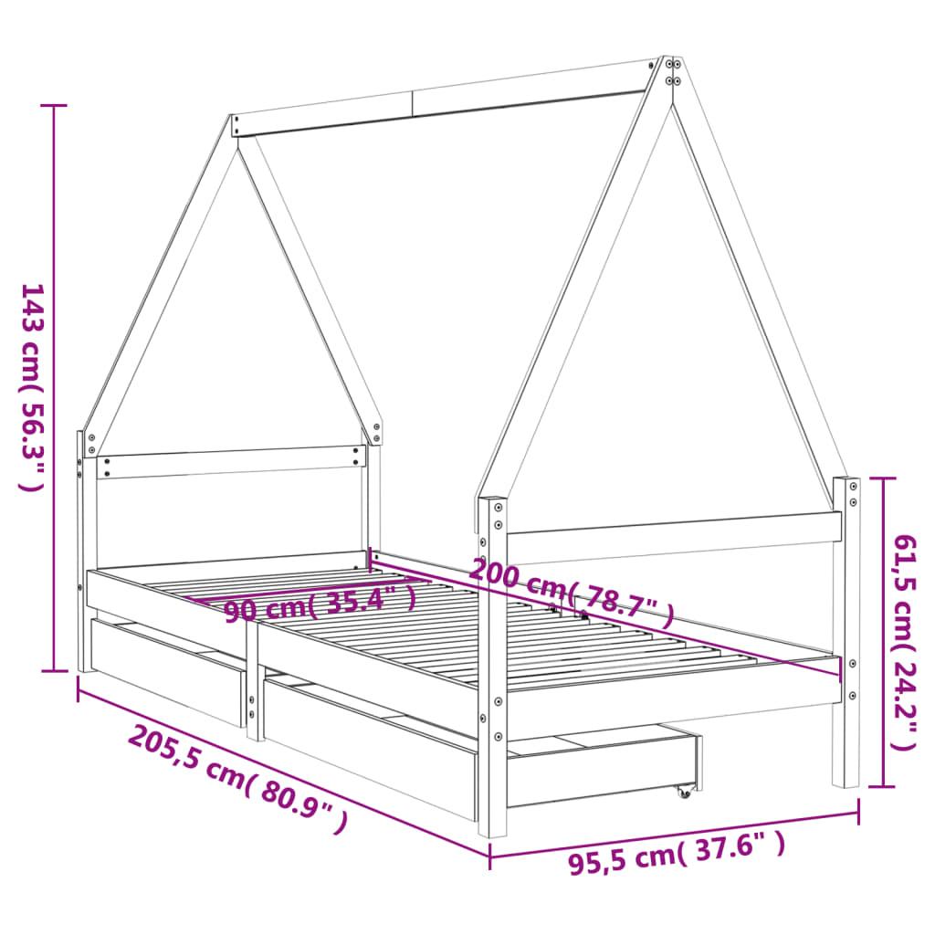 vidaXL Cadru de pat cu sertare de copii, alb, 90x200 cm lemn masiv pin