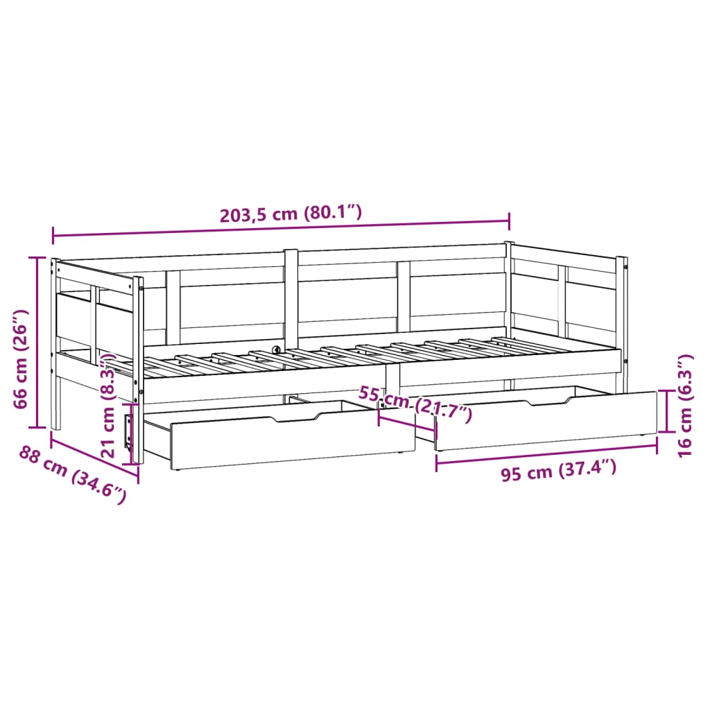 vidaXL Pat de zi cu sertare, alb, 80x200 cm, lemn masiv pin