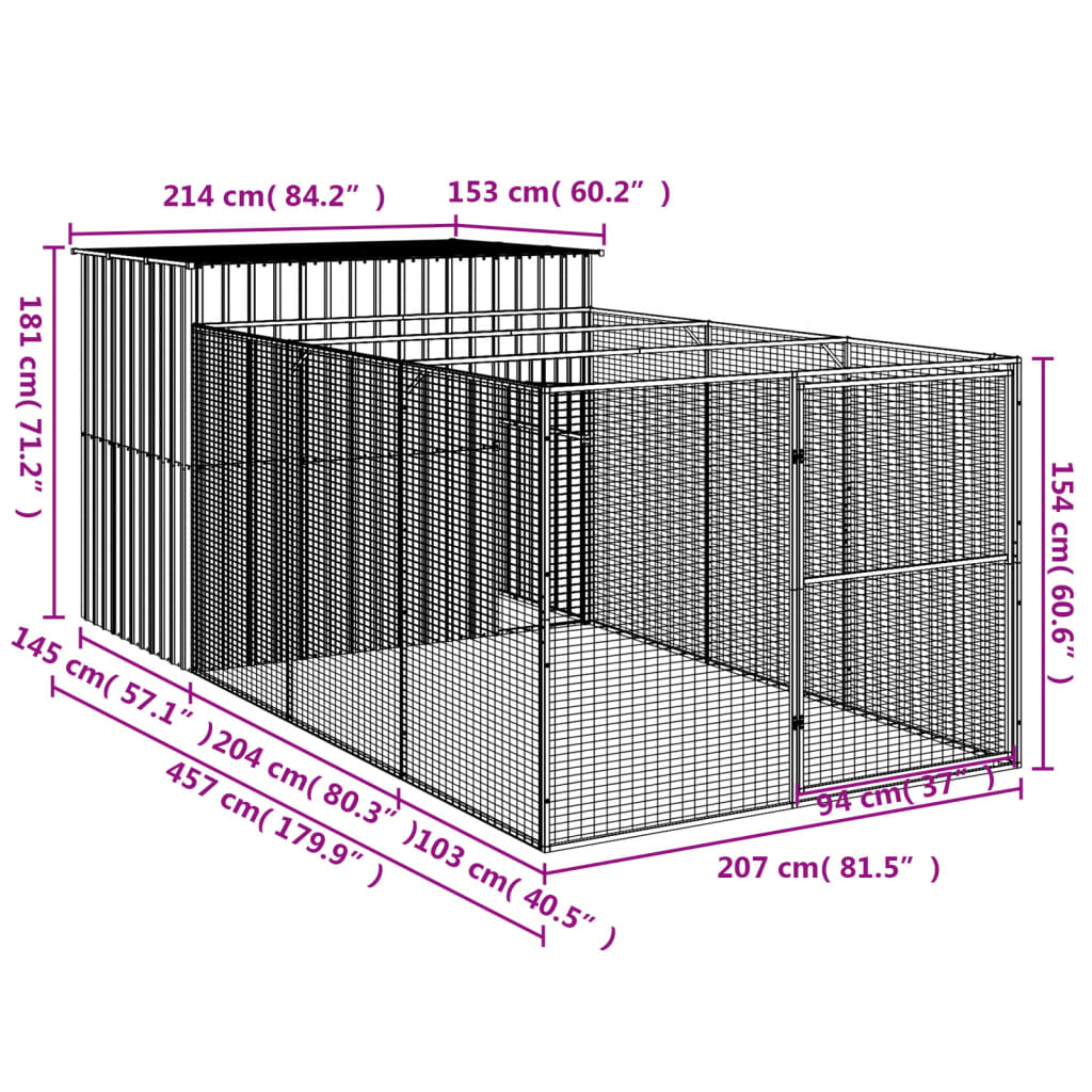 vidaXL Cușcă de câine cu țarc antracit 214x457x181 cm oțel galvanizat