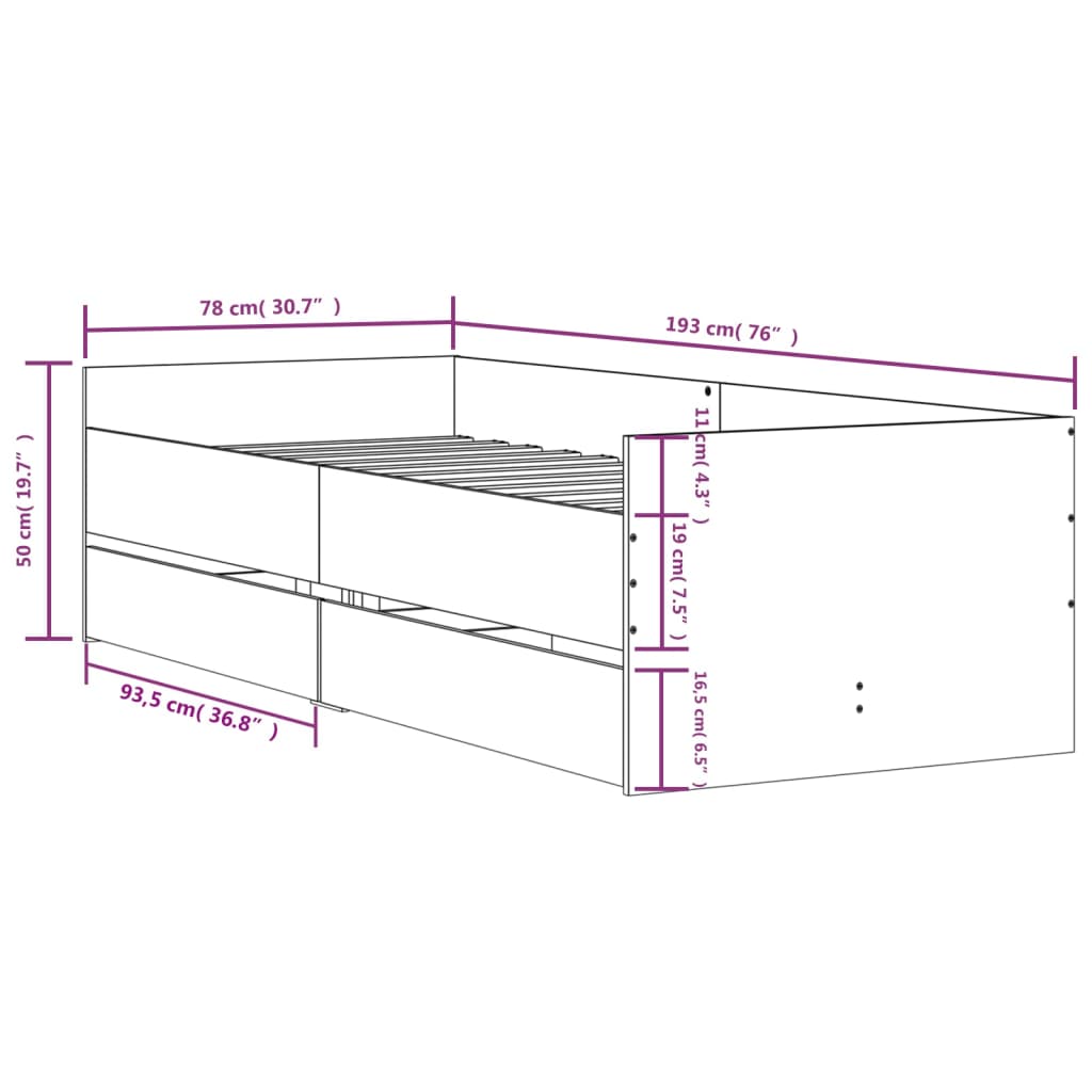 vidaXL Cadru pat cu sertare, stejar sonoma, 75x190 cm, mic single