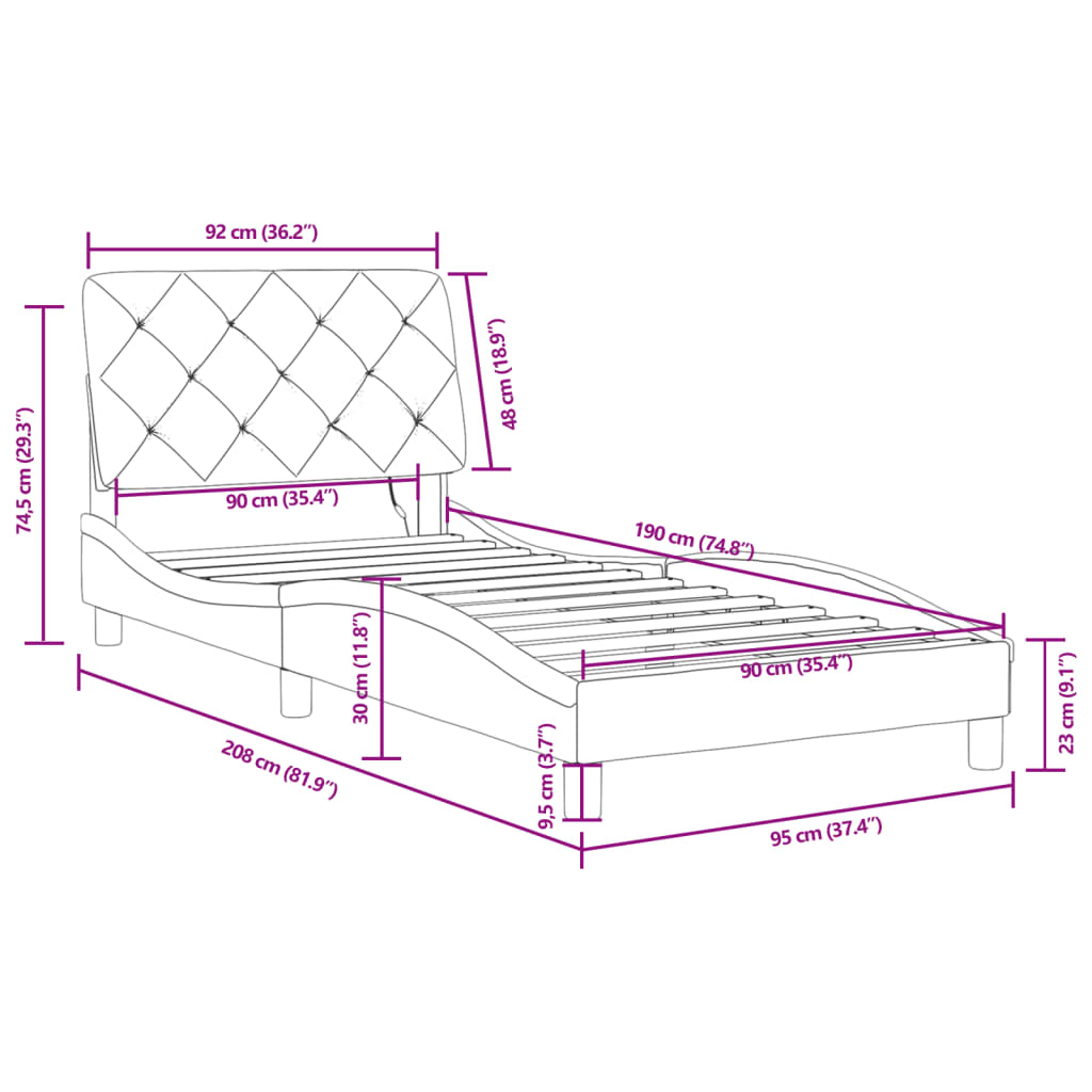 vidaXL Cadru de pat cu lumini LED, gri închis, 90x190 cm, catifea