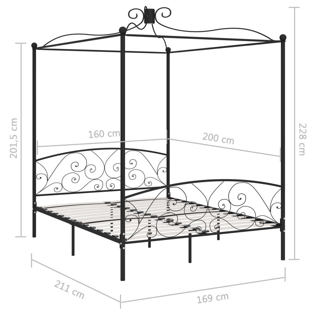 vidaXL Cadru de pat cu baldachin, negru, 160 x 200 cm, metal