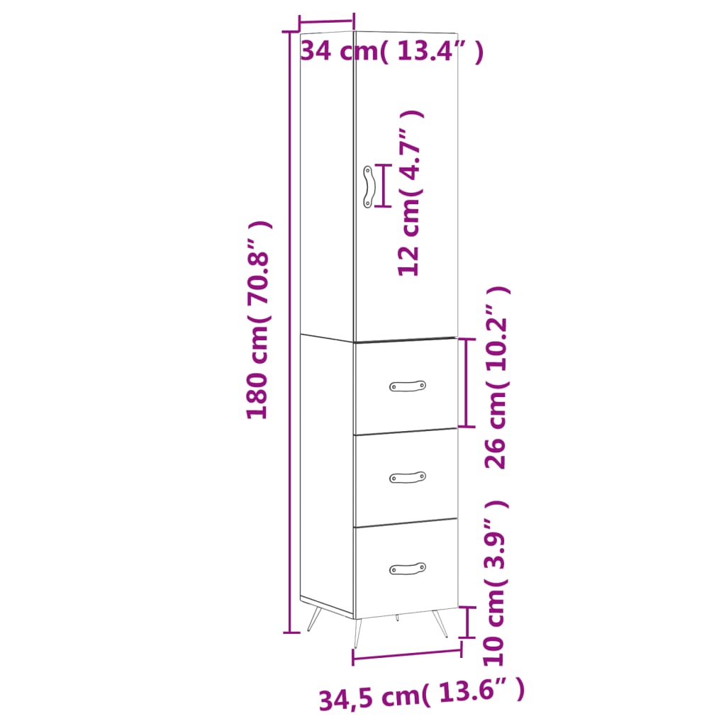 vidaXL Dulap înalt, negru, 34,5x34x180 cm, lemn prelucrat