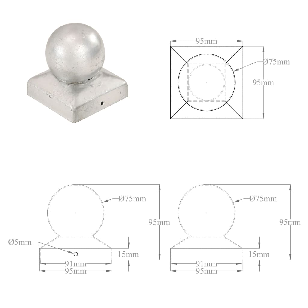 vidaXL Capace stâlpi tip glob, 6 buc., 91 x 91 mm, metal galvanizat