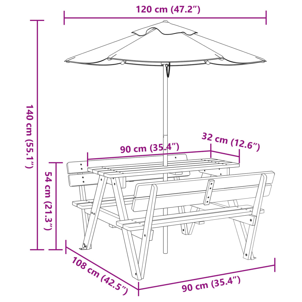 vidaXL Masă de picnic pentru 4 copii, cu umbrelă, lemn masiv brad