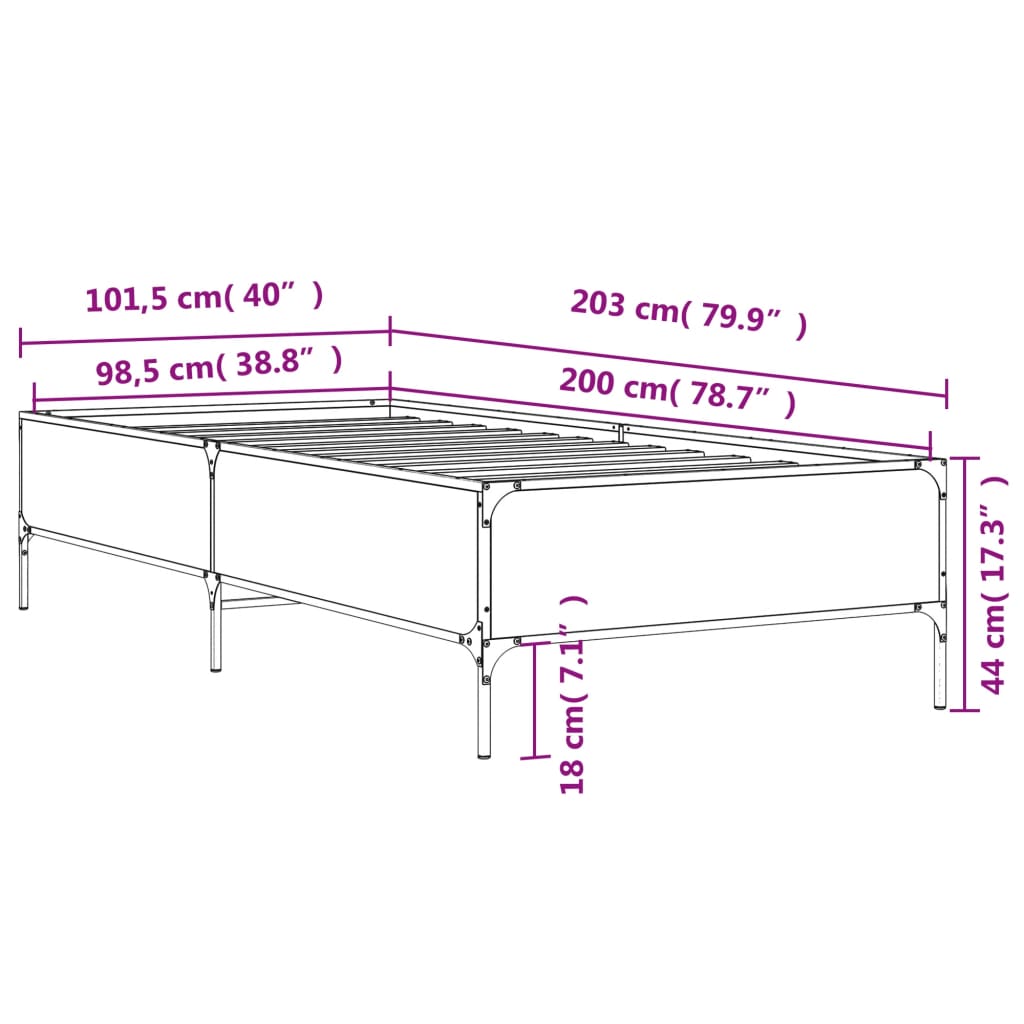 vidaXL Cadru de pat, gri sonoma, 100x200 cm, lemn prelucrat și metal