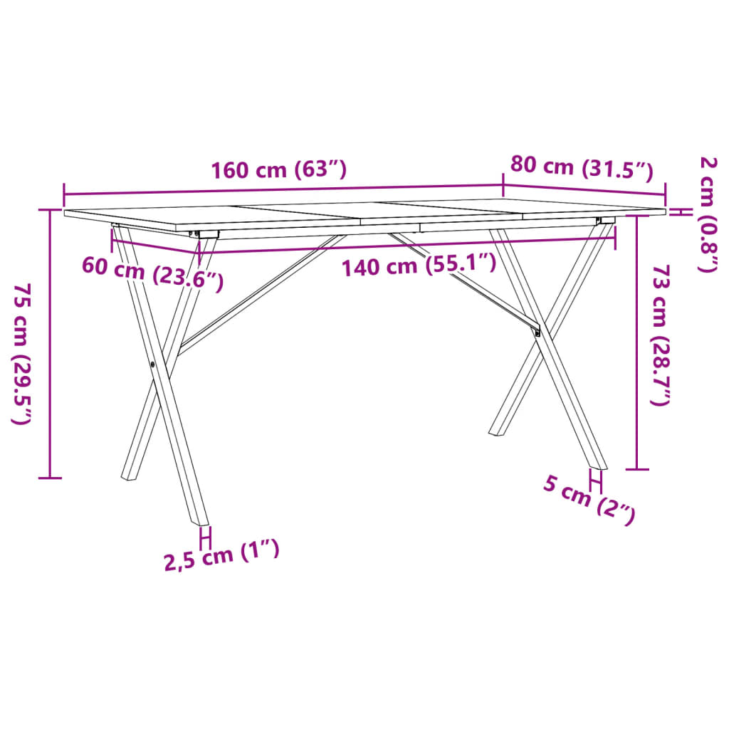 vidaXL Masă de bucătărie, cadru X, 160x80x75cm lemn masiv pin și fontă