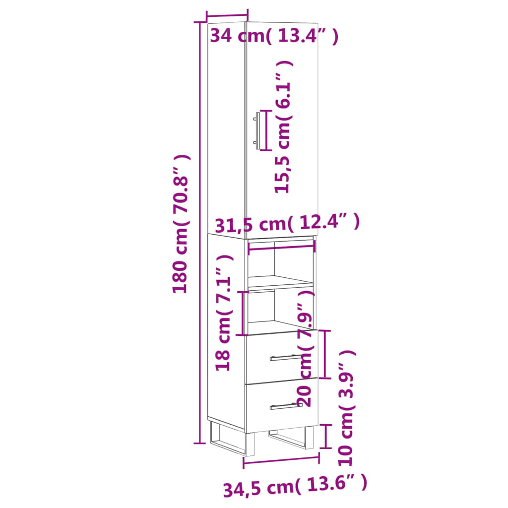 vidaXL Dulap înalt, alb, 34,5x34x180 cm, lemn prelucrat