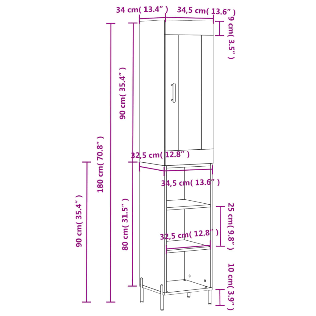 vidaXL Dulap înalt, gri beton, 34,5x34x180 cm, lemn prelucrat