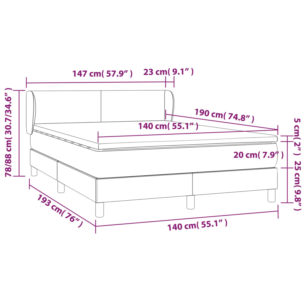 vidaXL Pat box spring cu saltea, albastru închis, 140x190 cm, catifea