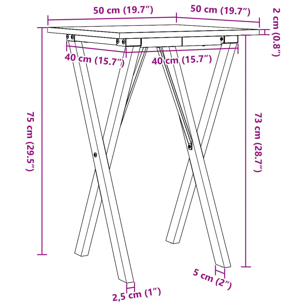 vidaXL Masă de bucătărie, cadru X, 50x50x75 cm lemn masiv pin și fontă