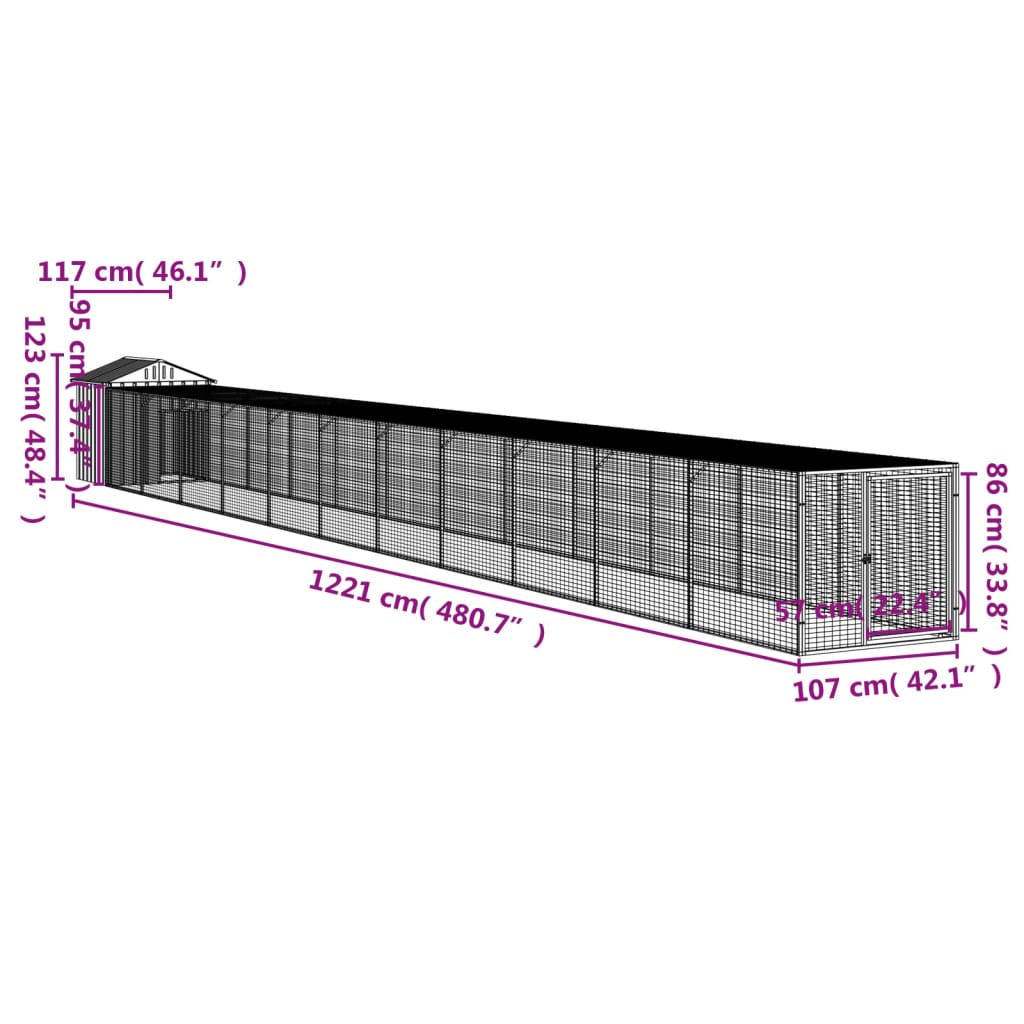 vidaXL Coteț pui cu incintă gri deschis 117x1221x123cm oțel galvanizat