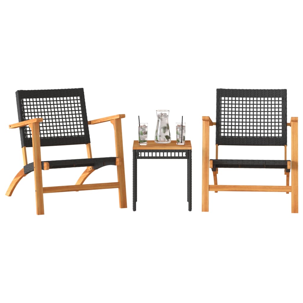 vidaXL Set mobilier bistro, 3 piese, poliratan negru/lemn de acacia